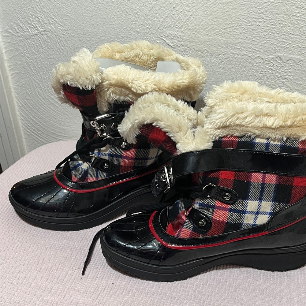 Anne Klein Black and Red Plaid Fur Boots